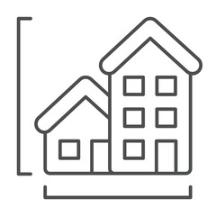 Tall building and private house thin line icon, architect studio concept. Vector graphics. High rise building measurement sign on white background, outline style icon for mobile or web design.