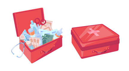 Cartoon Color First Aid Box Set Full and Closed View Emergency Pack Concept Flat Design Style. Vector illustration
