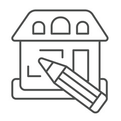House design and pencil thin line icon, architect studio concept. Vector graphics. Cottage building project drawing sign on white background, outline style icon for mobile or web design.