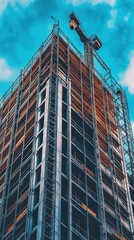 A tall modern building construction project under a bright blue sky