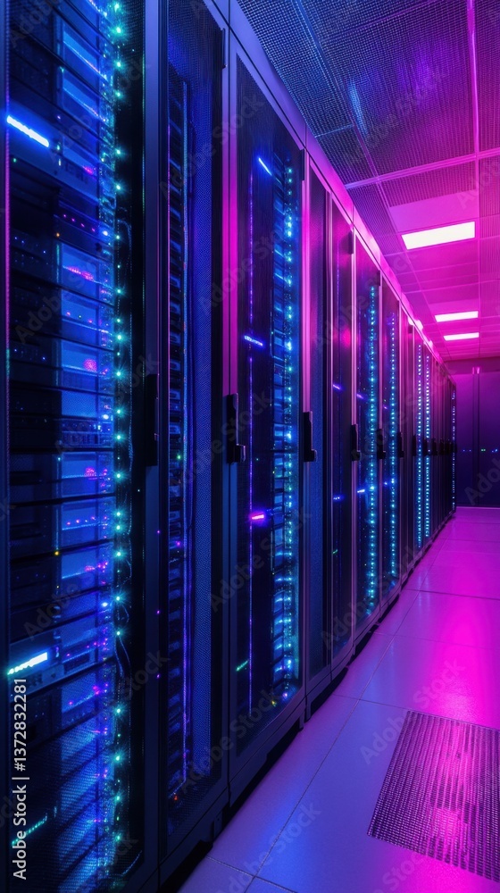 Poster modern data center with servers illuminated by blue and pink lights creating a futuristic atmosphere