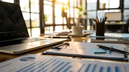 Obraz premium A modern workspace with a laptop displaying graphs, papers, and a coffee cup, illuminated by sunset