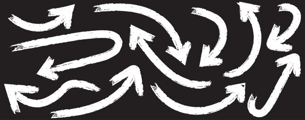 Grunge arrow vector set. Grunge arrow brush drawn.  various charcoal arrows. Hand drawn doodle arrow symbols vector. Bold brush drawn arrows. Brush, marker drawn bold arrows set. Collection of hand 