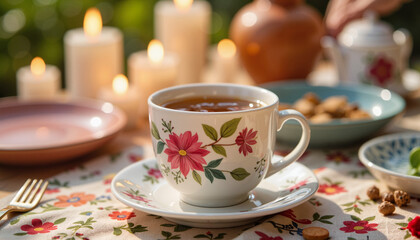 Fototapeta premium Delicate tea cup on festive Iftar table, evening warmth