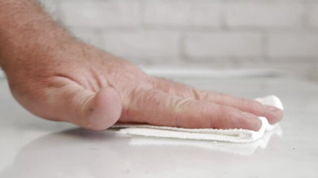 Blurred Shooting with a Hand Cleaning Tabel Suface from Kitchen Using Disinfecting Solution and Clean Wipe.
