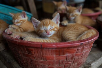 Cozy basket filled with rescued kittens enjoying a peaceful nap Generative AI