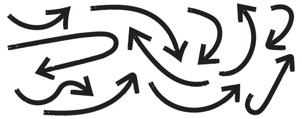 Grunge arrow vector set. Grunge arrow brush drawn. set of chalk pencil, brush stroke arrows. various charcoal arrows. Hand drawn doodle arrow symbols vector. 