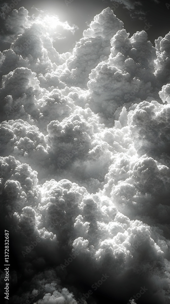 Poster ethereal clouds fill the frame luminous against a dark sky light seeps through creating a striking c
