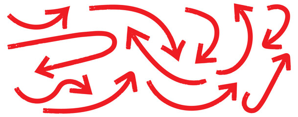 Scribble symbols of direction pointers. Red Hand drawn vector arrows doodle set on white background. Arrows with grunge lines. Hand drawn set of doodle arrow icons. Collection of hand free curved line
