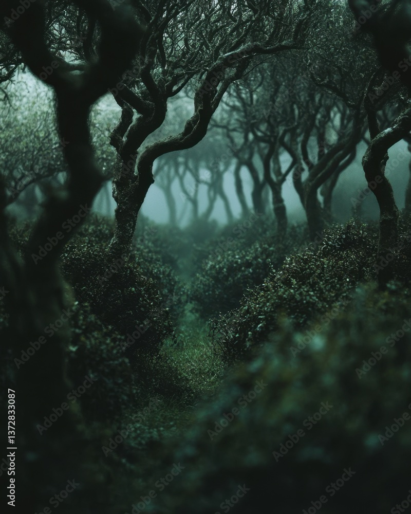 Poster eerie forest path through twisted trees and dense foliage in dim light creating a mysterious atmosph