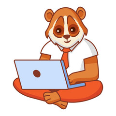 Student lori working on the laptop computer.Study online animal lori  .Online children education.School boy lori working at the laptop.Active young kid animal.Student hands using laptop. Vector flat.