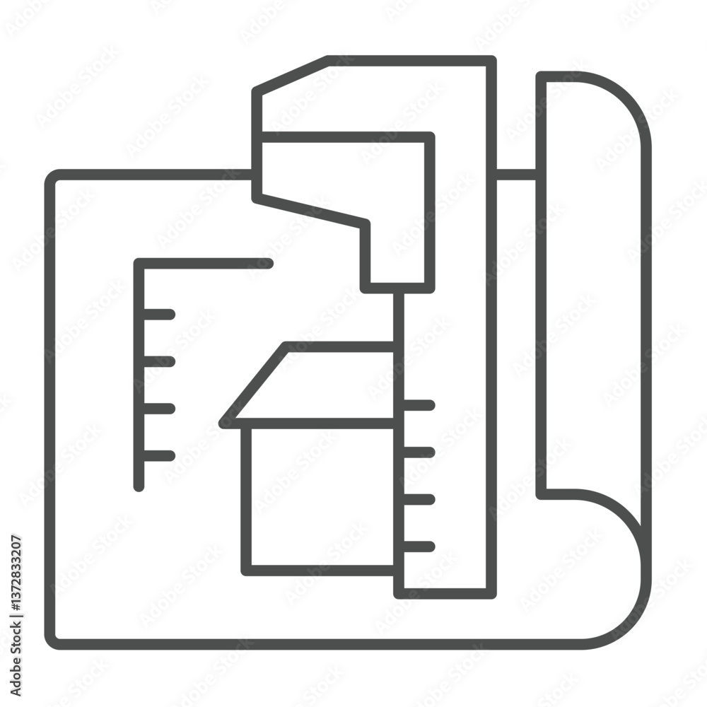 Poster caliper and house design plan thin line icon, architect studio concept. vector graphics. measurement