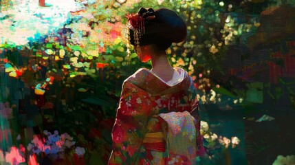 Obraz premium Woman in kimono stands in colorful garden back view artistic