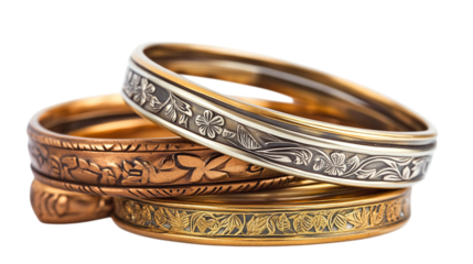 A stack of bangle bracelets with engraved patterns, isolated on white background --ar 16:9