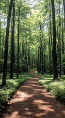 Obraz premium A winding path cuts through a dense forest bathed in sunlight filtering through the lush green canopy creating a seren