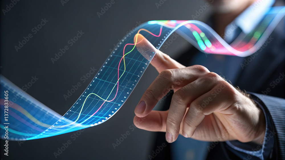 Poster hand interacting with holographic graph, showcasing data trends and analytics in modern setting