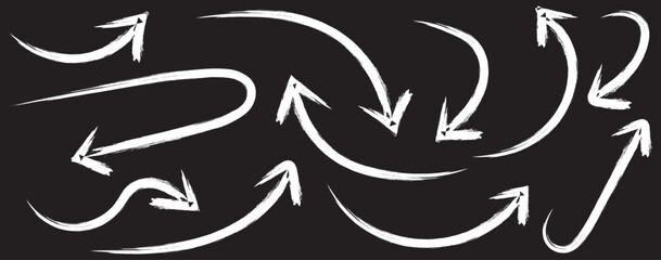 Grunge arrow vector set. Grunge arrow brush drawn.  various charcoal arrows. Hand drawn doodle arrow symbols vector. Bold brush drawn arrows. Brush, marker drawn bold arrows set. Collection of hand 