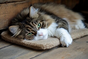 Fluffy cat resting peacefully on warm pet bed in a cozy corner Generative AI