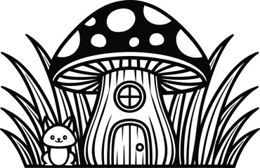 Cartoon Mushroom House with Bunny in Grass, Outline Illustration, Transparent