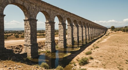 An ancient aqueduct still in use stretches across a dry landscape, showcasing its impressive arches and sustainable water transport system