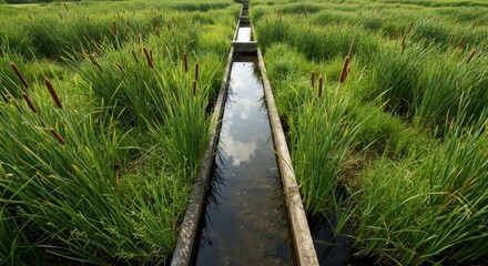 An artificial wetland showcases lush vegetation and clear water channels designed for effective water purification and environmental sustainability
