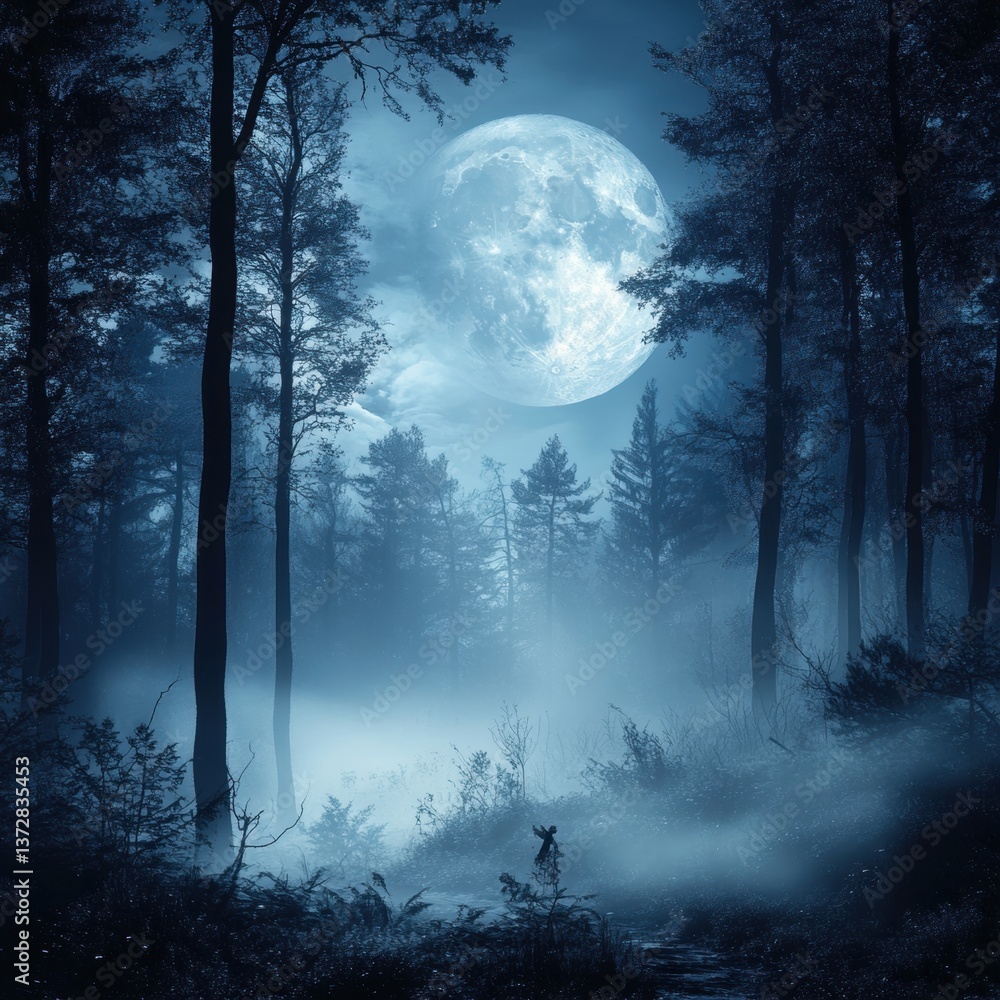Poster ethereal moonlight illuminates a misty forest landscape creating a dreamy and enchanting atmosphere 
