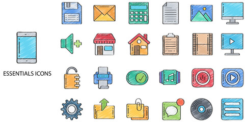 Essentials simple concept 24 hand drawn color icons set. Contains such appliance, electrical equipment, television set, domestic life .Vector illustration.
