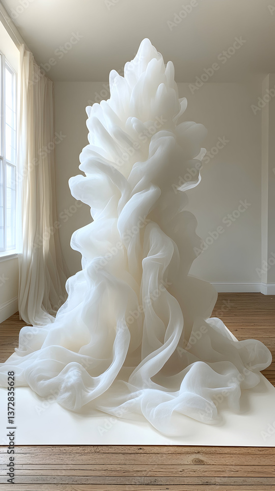 Poster ethereal display of cascading white fabric in a bright room with a window and wooden floor creates a