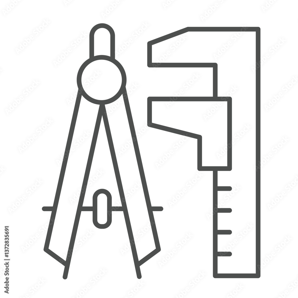 Poster caliper and drawing compass thin line icon, architect studio concept. vector graphics. project desig