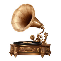 Realistic, Retro gramophone record player with horn speaker, detailed vintage style, isolated transparent background. - obrazy, fototapety, plakaty