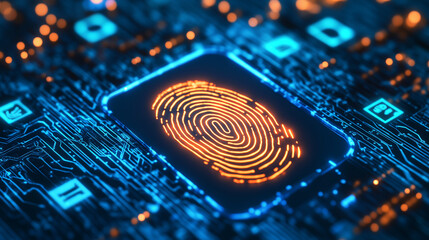 A glowing fingerprint scan on a futuristic digital interface