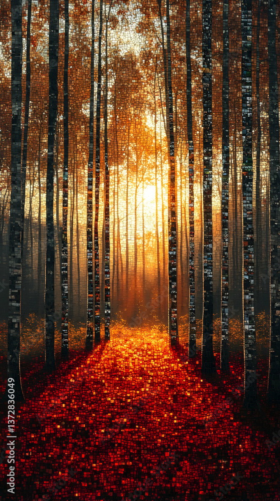 Poster ethereal forest mosaic with light streaming through trees casting shadows on the pixelated autumn fl