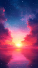 Fototapeta premium A pink and orange sunset reflects on the water surrounded by clouds and a starry sky with blues and purples above