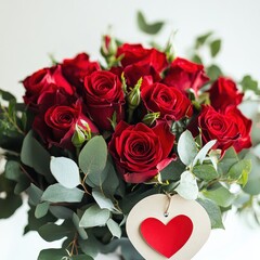 A lush bouquet of deep red roses with fresh green eucalyptus leaves, tied together and featuring a heart-shaped tag with a red heart, against a bright background.
