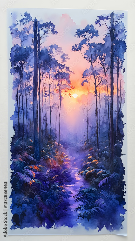 Aufkleber ethereal forest with tall trees ferns and a winding stream bathed in the warm glow of a distant suns