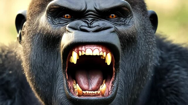 Fierce and powerful gorilla roars with an intense expression, showcasing its sharp teeth and piercing eyes.
