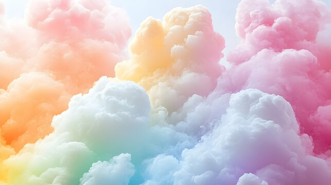 Colorful fluffy clouds fill the frame blending from peach to pink orange to yellow and blue to white in a soft drea