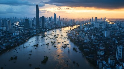 Fototapeta premium Flooded urban landscape at sunset cityscape view nature and architecture harmony atmospheric environment