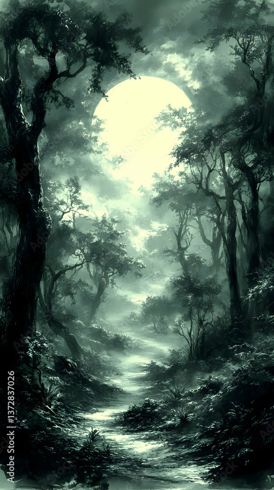 Aufkleber ethereal landscape of a misty forest with a large moon behind trees and foliage creating a serene an