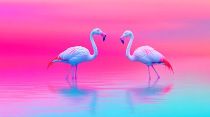 Obraz premium Two flamingos wading in water with vibrant colors shining