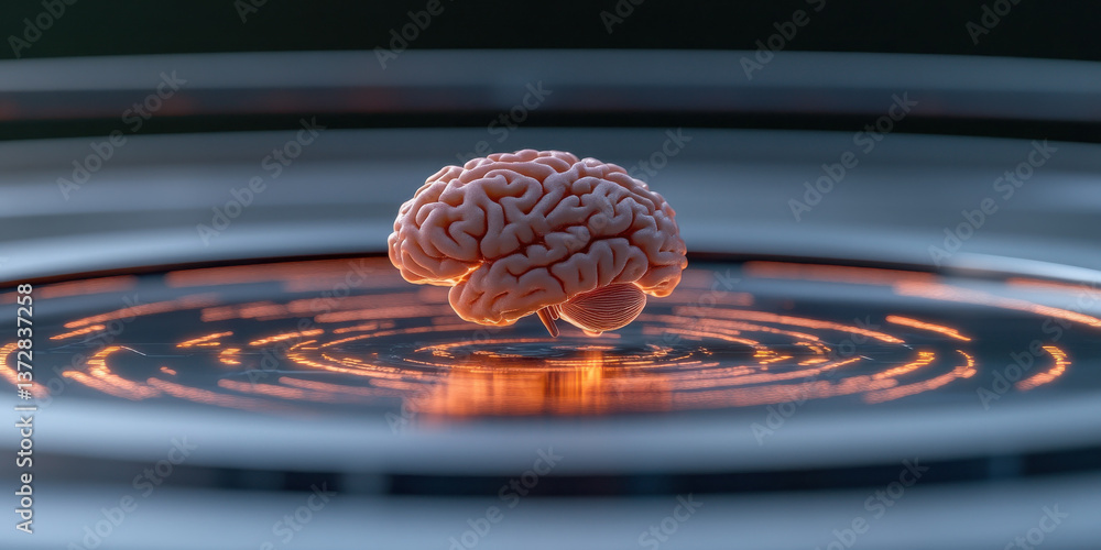 Aufkleber glowing brain floats above futuristic surface with illuminated holographic patterns