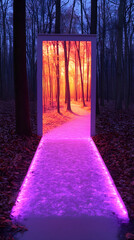 Obraz premium A portal glows with orange light amidst a dark forest with a purple platform leading into the unknown a surreal and my