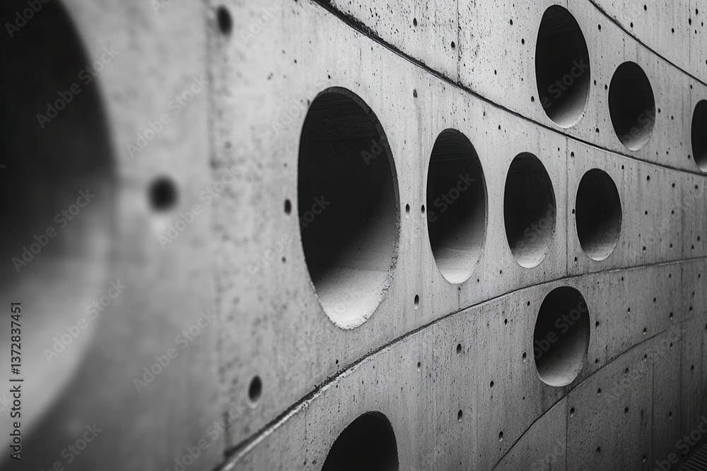 Poster striking concrete wall with circular openings in monochrome tones capturing architectural texture an
