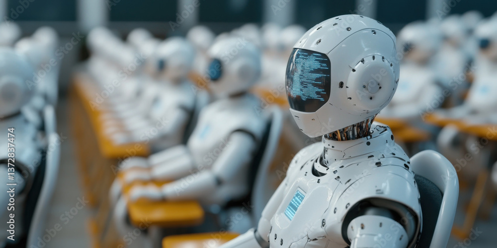 Poster robots in classroom setting, symbolizing ai driven education and robotic tutors
