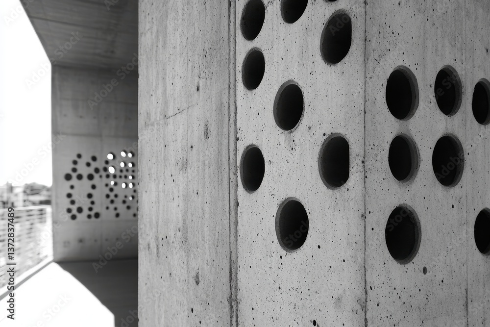 Poster modernist concrete architecture featuring circular openings in a building facade in black and white