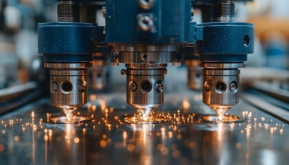 Automated Metal Drilling Machine in Factory Producing Sparks with Silver and Blue Hues