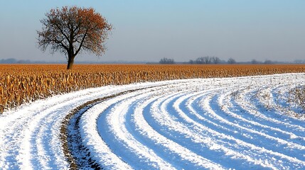 A solitary tree stands in a snow covered field landscape