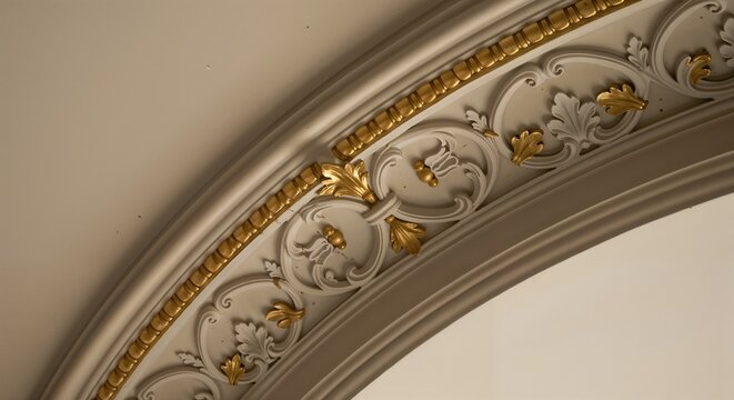 Close-up of decorative ceiling with intricate details and gold accents
