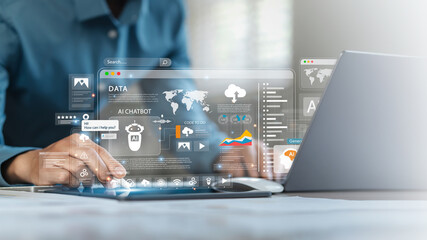 Businessman using AI technology on the screen of work to analyze data Chatbot chat with AI using AI smart robot technology. Increase work efficiency with AI solutions Chatbot helps solve work problems
