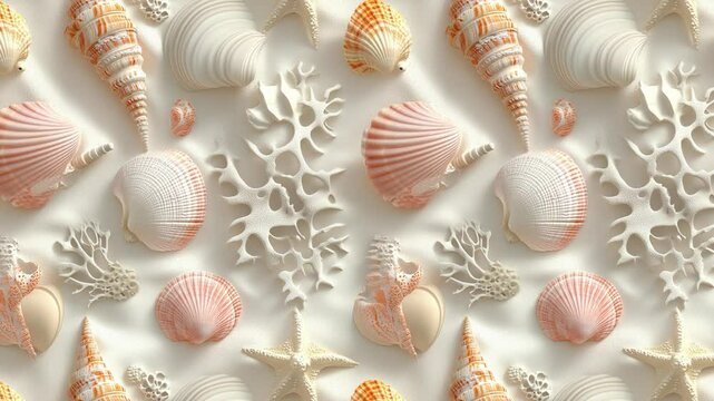 Looping animation of coral and seashells on sand.